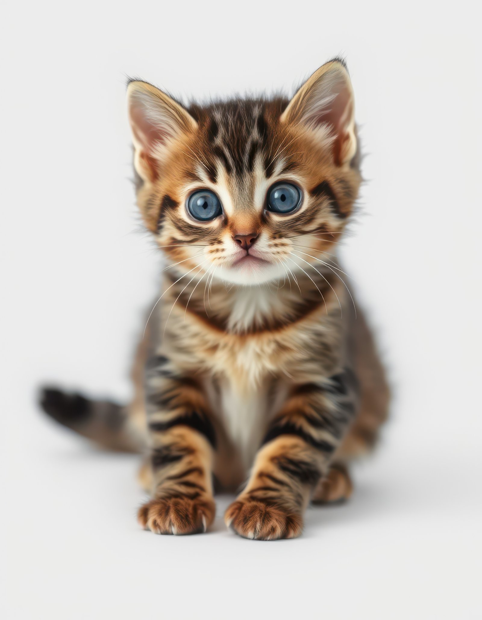 Playful tabby kitten with striking blue eyes posing for a close-up portrait indoors